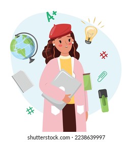 Illustration of a happy young woman with laptop and book. School education, university, college concept illustration with a nice happy young girl. 
