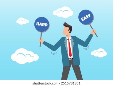 Ilustração de um caminho difícil ou fácil para o sucesso da carreira ou crescimento da empresa, empresário carregando um sinal escolhendo a direção do caminho fácil ou difícil
