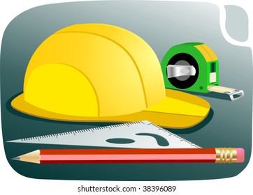 Illustration of a hard hat, pencil, protractor tape and using in construction field	