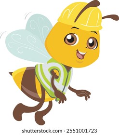 a illustration of a hard working bee wearing a hard hat and reflectorized vest