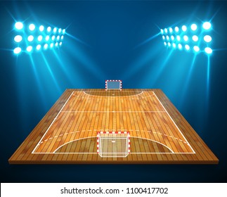 An illustration of hardwood perspective handball field, cort with bright stadium lights design. Vector EPS 10. Room for copy.