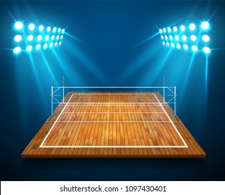 An illustration of hardwood perspective vollyball field court, net with bright stadium lights shining on it. Vector EPS 10. Room for copy.