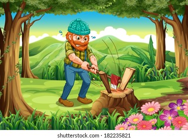 Illustration of a hardworking lumberjack chopping woods at the forest