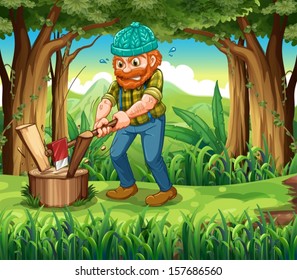 Illustration of a hardworking woodman at the forest