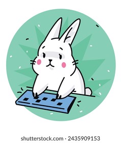 Illustration of a hare at a keyboard. Vector. Sticker of a white cute cartoon rabbit hacker. Meme sticker, rodent animal hits the keyboard.