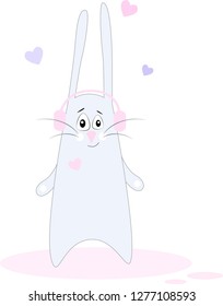 Illustration of a hare on Valentine's Day with hearts in headphones