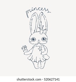 Illustration of hare princess with magic wand and butterfly. Vector illustration with doodle bunny. Design for print or coloring book.