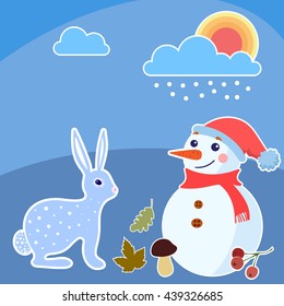 Illustration with a hare or rabbit in winter. Snow man, berries,  mushroom, oak leaf, marble leaf, sun, clouds, snow.