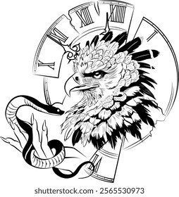 illustration of harpy eagle with clock and snake in hand