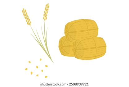 Ilustração da colheita de arroz novo, fardo de arroz, orelhas de arroz e grãos de arroz, Ilustração Vetorial