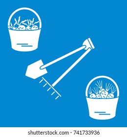 Illustration of harvest: shovel, rake and two buckets of carrots and beets. Design for banner, poster or print.