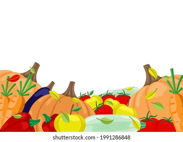Illustration with a harvest of vegetables and fruits on a white background.