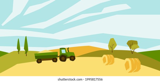 Illustration of harvested agricultural field. Autumn landscape with trees and hills.