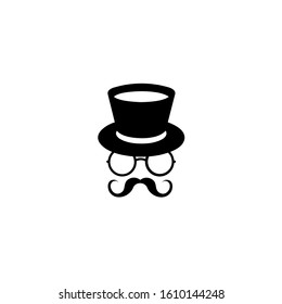 Illustration of hat, glasses and mustache silhouettes isolated on a white background, Vector art. Logo template of gentleman Club.
