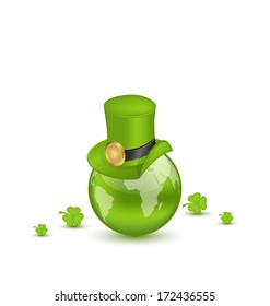 Illustration hat and shamrocks around Globe on St. Patrick's Day - vector