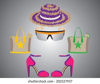 illustration hat shoe glasses and bag