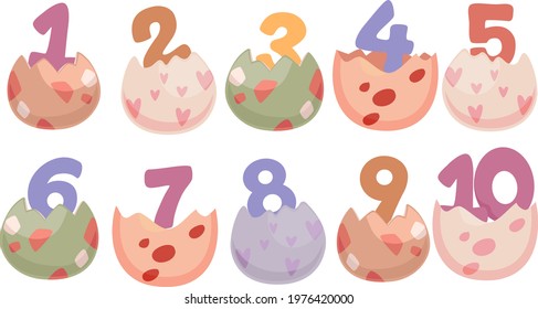 Illustration of Hatched Dinosaur Eggs Counting Numbers from One to Ten