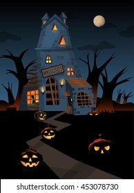 The illustration of a haunted castle on Halloween night.
Pumpkins and a ghost for trick or treat in the dark woods.
