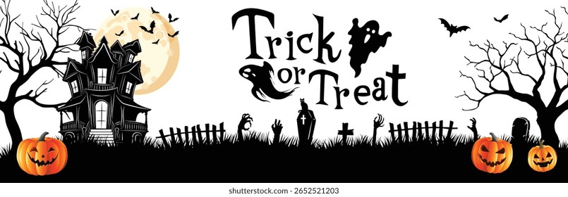 Ilustração de uma casa assombrada, cemitério assustador, e texto "Truque ou Trate" com fantasmas e abóboras em uma cena assustadora noite de Halloween.
