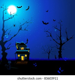 illustration of haunted house with flying bat and cat in scary night