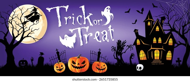 Illustration of a haunted house, flying witch, and carved pumpkins under a full moon with “Trick or Treat” text on a purple night sky.
