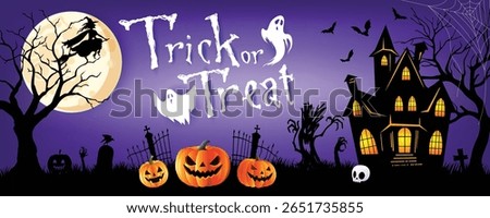 Illustration of a haunted house, flying witch, and carved pumpkins under a full moon with “Trick or Treat” text on a purple night sky.