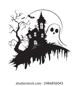  Illustration Haunted House Full Moon Stock Vector isolated on white