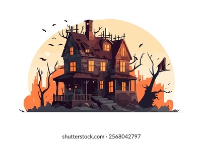 Illustration of a haunted house with glowing windows, bare trees, bats, and an orange sunset sky, evoking a spooky Halloween vibe.  
