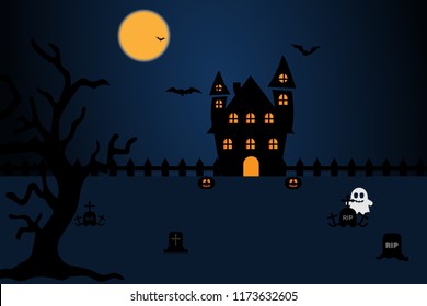 Illustration A Haunted house at graveyard on full moon, surround by bats and ghost