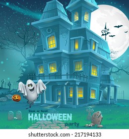 Illustration of a haunted house for Halloween for a party with ghosts