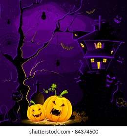 illustration of haunted house with halloween pumpkin in scary dark night