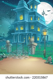 Illustration of a haunted house on a moonlit night