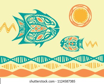 Illustration of a hawaiian fish and ocean