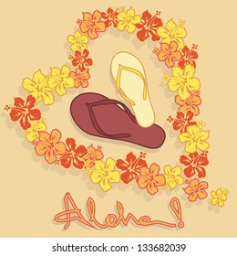 Illustration of Hawaiian flower garland, flip flops and text aloha