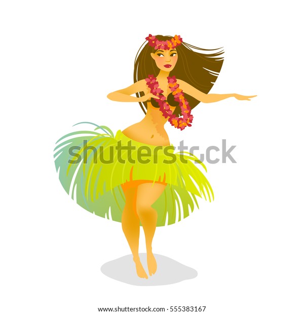 ハワイのフラダンサーの女性が草のスカートで踊っているイラスト のベクター画像素材 ロイヤリティフリー 555383167