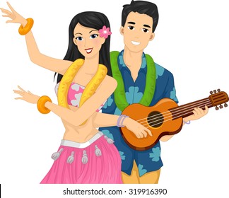 Illustration of a Hawaiian Woman Dancing While Her Man Plays the Ukulele