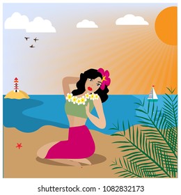 Illustration with Hawaiian woman sitting on the beach.