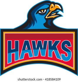 Illustration of a hawk falcon head looking to the side with the word Hawks  inside rectangle shape done in retro style. 