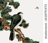 Illustration of a hawk perched on a pine branch. The hawk is detailed, with a small bird flying nearby. Nature scene with hawk, pine, and bird. Vintage bird illustration, animal vector.