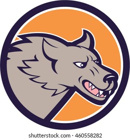 Illustration of a head of an angry grey wolf viewed from the side set inside circle on isolated background done in cartoon style. 