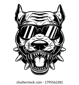 Illustration of head of angry pitbull in sunglasses in vintage monochrome style. Design element for logo, emblem, sign, poster, card, banner. Vector illustration