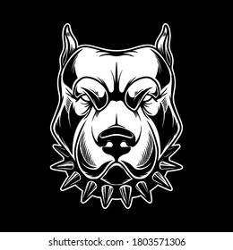 Illustration of head of angry pitbull in vintage monochrome style. Design element for logo, emblem, sign, poster, card, banner. Vector illustration