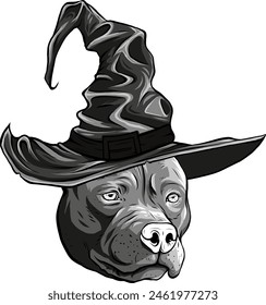 Illustration of head of angry pitbull with wizard hat.