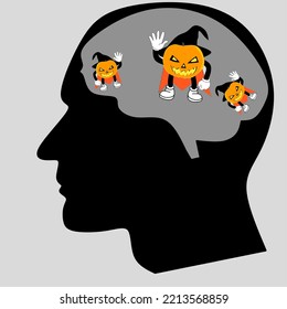an illustration of a head with a brain thinking about a Halloween pumpkin