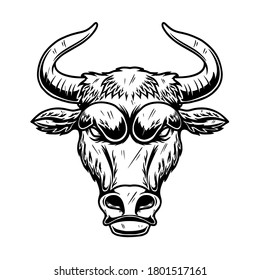 Illustration of head of bull in vintage monochrome style. Design element for logo, emblem, sign, poster, card, banner. Vector illustration