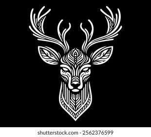 An illustration of head deer in black background. Fit for tshirt design, tattoo and poster. Vector graphic.