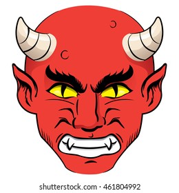 Illustration of the head of a demon, red with a nervous guy with horns and yellow eyes. Ideal for institutional and religious materials