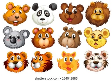 Illustration of the head of the different animals on a white background