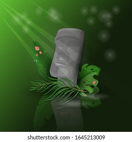 Illustration eines Kopfes von der Osterinsel auf dunkelgrünem Hintergrund unter tropischen Blättern mit Reflexion vom Boden mit hellen Strahlen