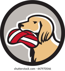 Illustration Of A Head Of An English Setter Dog Holding Biting Deflated Volleyball Viewed From The Side Set Inside Circle Done In Retro Style. 